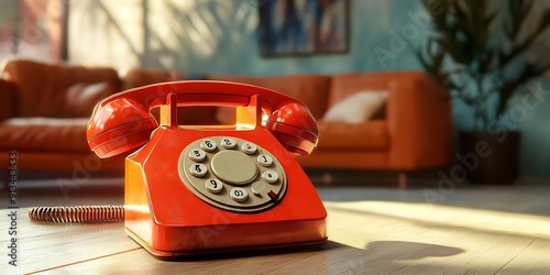 Red Vintage Rotary Phone on Wooden Table in Living Room - 3D Illustration