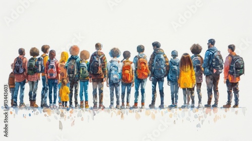 A group of students with backpacks go to school together for classes. illustration