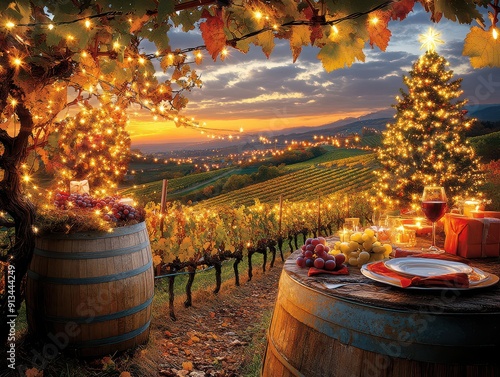 Festive Vineyard Christmas Celebration: Outdoor Dining with Christmas Lights, Wine Barrels, and Sunset Over Vineyard Rows photo