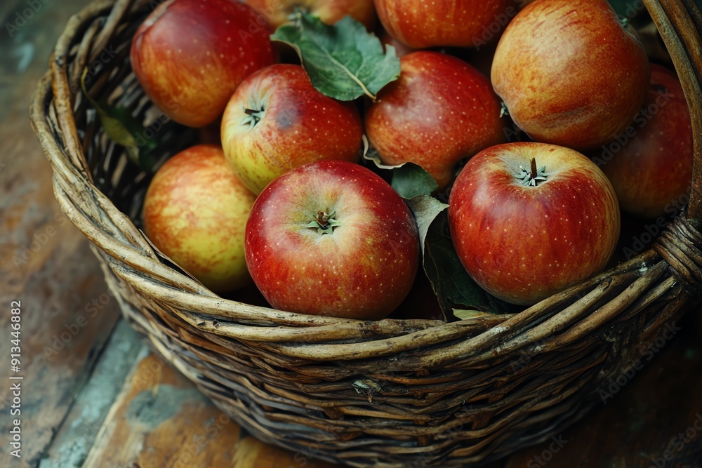 A rustic basket filled with fresh red apples, showcasing their glossy skin and vibrant colors, perfect for autumn themes. A rustic basket filled with fresh red apples, showcasing their glossy skin and vibrant colors, perfect for autumn themes.