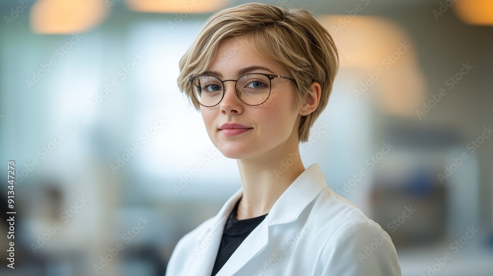 A young female scientist with short blonde hair and glasses in a lab coat, standing confidently in a modern laboratory. A young female scientist with short blonde hair and glasses in a lab coat, standing confidently in a modern laboratory.