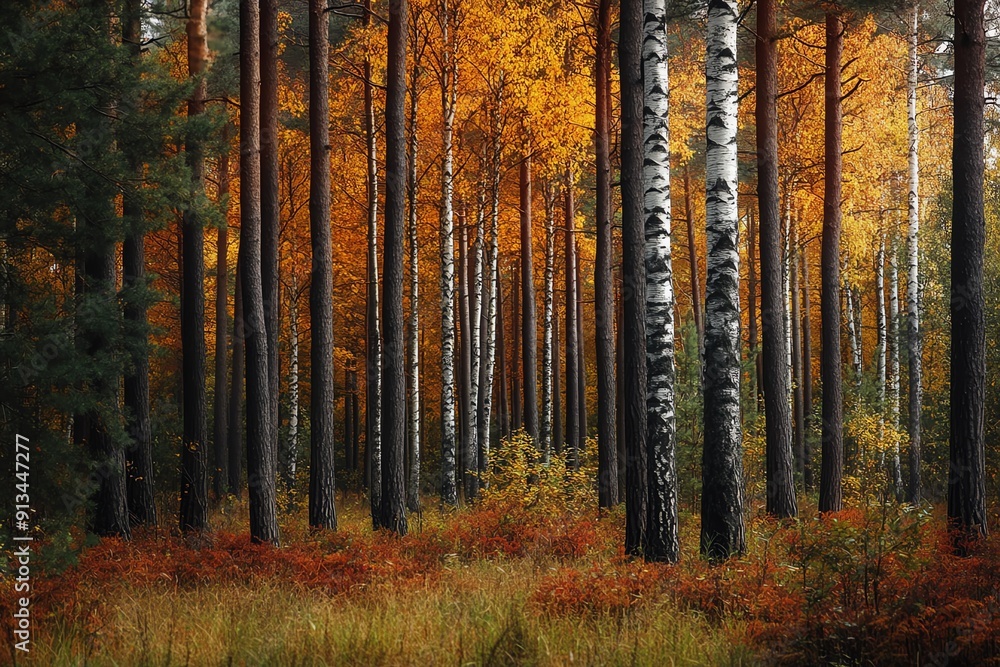A serene autumn forest with vibrant orange and yellow leaves, creating a peaceful atmosphere among tall birch trees. A serene autumn forest with vibrant orange and yellow leaves, creating a peaceful atmosphere among tall birch trees.