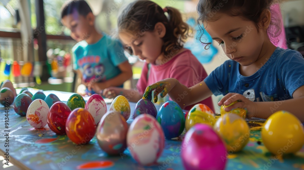 Fototapeta premium Kids are painting decorative eggs with vibrant colors during a fun arts and crafts session