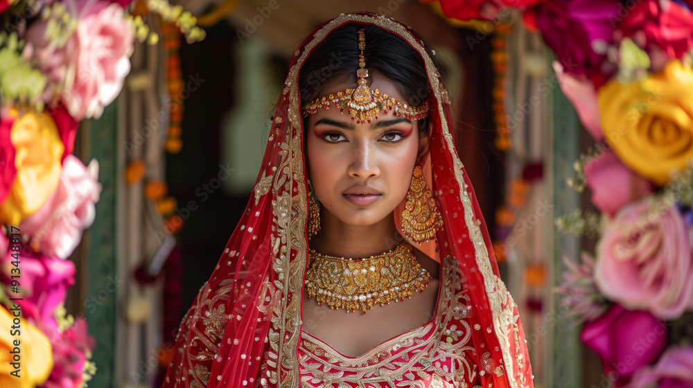Indian woman in a traditional lehenga, standing at the entrance of a decorated home for a festiva Indian woman in a traditional lehenga, standing at the entrance of a decorated home for a festiva