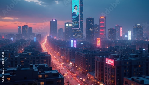 Wallpaper Mural Cityscape at Dusk with Neon Lights and Traffic. Torontodigital.ca