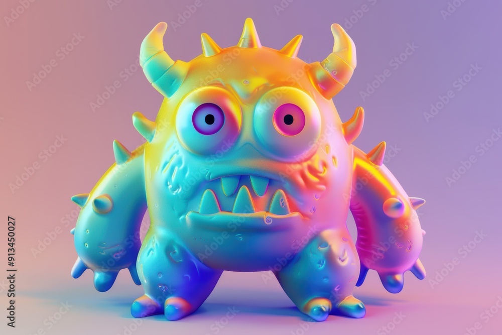 Quirky 3D monster character with a hybrid design of organic and mechanical elements, featuring bold colors, multiple eyes or limbs, and a mischievous grin. Quirky 3D monster character with a hybrid design of organic and mechanical elements, featuring bold colors, multiple eyes or limbs, and a mischievous grin.