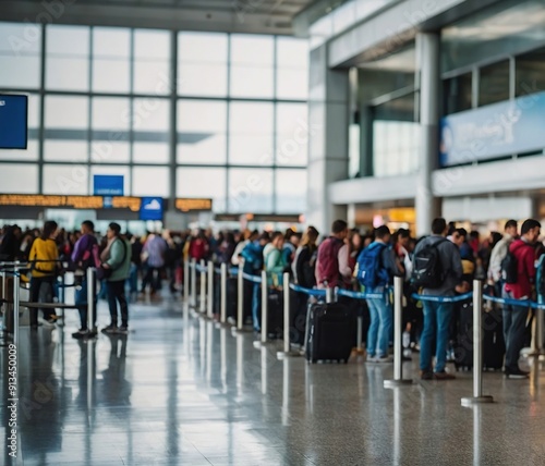 A long line of passengers waits at an airport gate, likely for a delayed or canceled flight due to overbooking