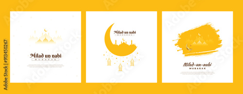 Eid, e, Milad, un-Nabi, wishes or greeting social media feed template three post or banner white and premium design with mosque, orange, watercolor brush stroke, Vector illustration