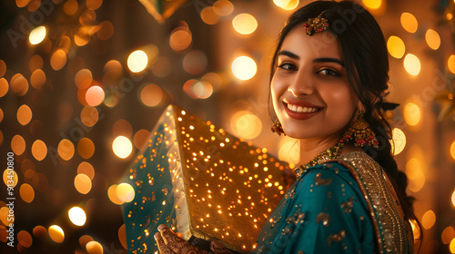 Indian woman wearing teal and gold anarkali dress, festival look photo