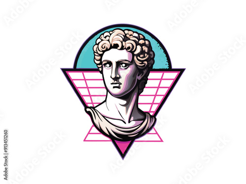 Generate a stylized, retro-themed digital artwork featuring a bust of a Roman statue with a 1980s style triangle and grid pattern behind it.