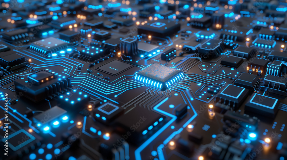 A circuit board with glowing blue circuits, creating a high-tech, futuristic feel against a white background. A circuit board with glowing blue circuits, creating a high-tech, futuristic feel against a white background.