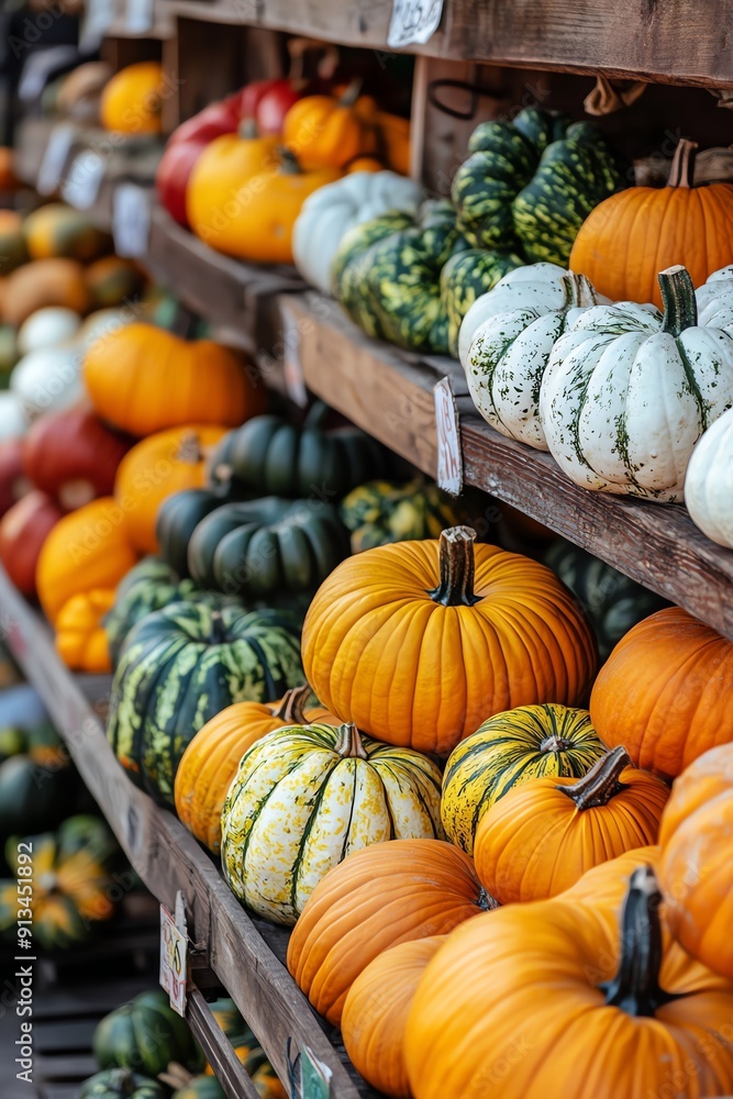 Colorful pumpkins and gourds arranged on wooden shelves, perfect for autumn and seasonal decor. Colorful pumpkins and gourds arranged on wooden shelves, perfect for autumn and seasonal decor.