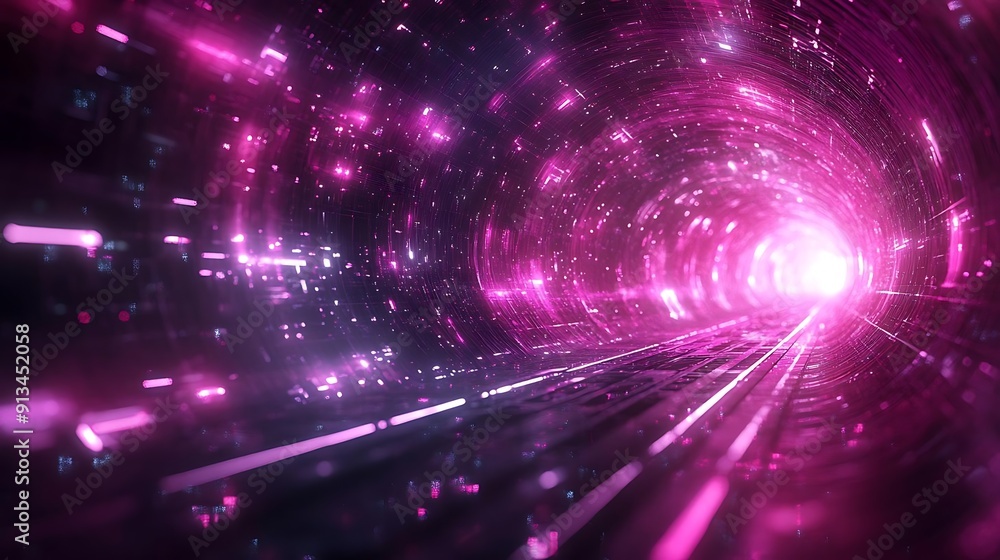 Fototapeta premium Abstract 3D Background: Pink Neon Light Tunnel With Glowing Particles