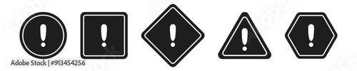 Set of round, square, rhombic, triangular and hexagonal black road signs with exclamation point. Caution sign. Vector icons for warning about the situation on the road. White isolated background