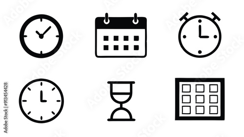 Set of 8 line icons representing time, including clocks, a calendar, a timer, and an hourglass.