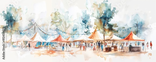 Outdoor music festival with tents, cultural activities, and people enjoying the performances, culture, music, community, copy space