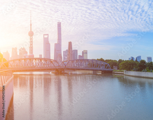 Photography view of shanghai skyline at sunrise