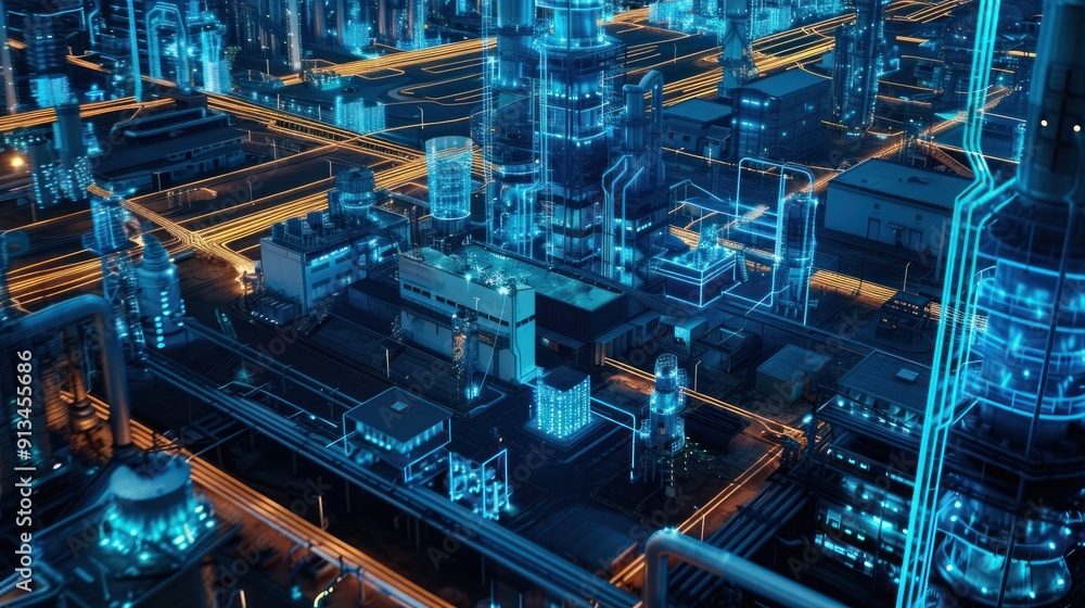 Security with AI smart surveillance at industrial factory and compound, blue highlighted Ai Security, AI generated for Ads Security with AI smart surveillance at industrial factory and compound, blue highlighted Ai Security, AI generated for Ads