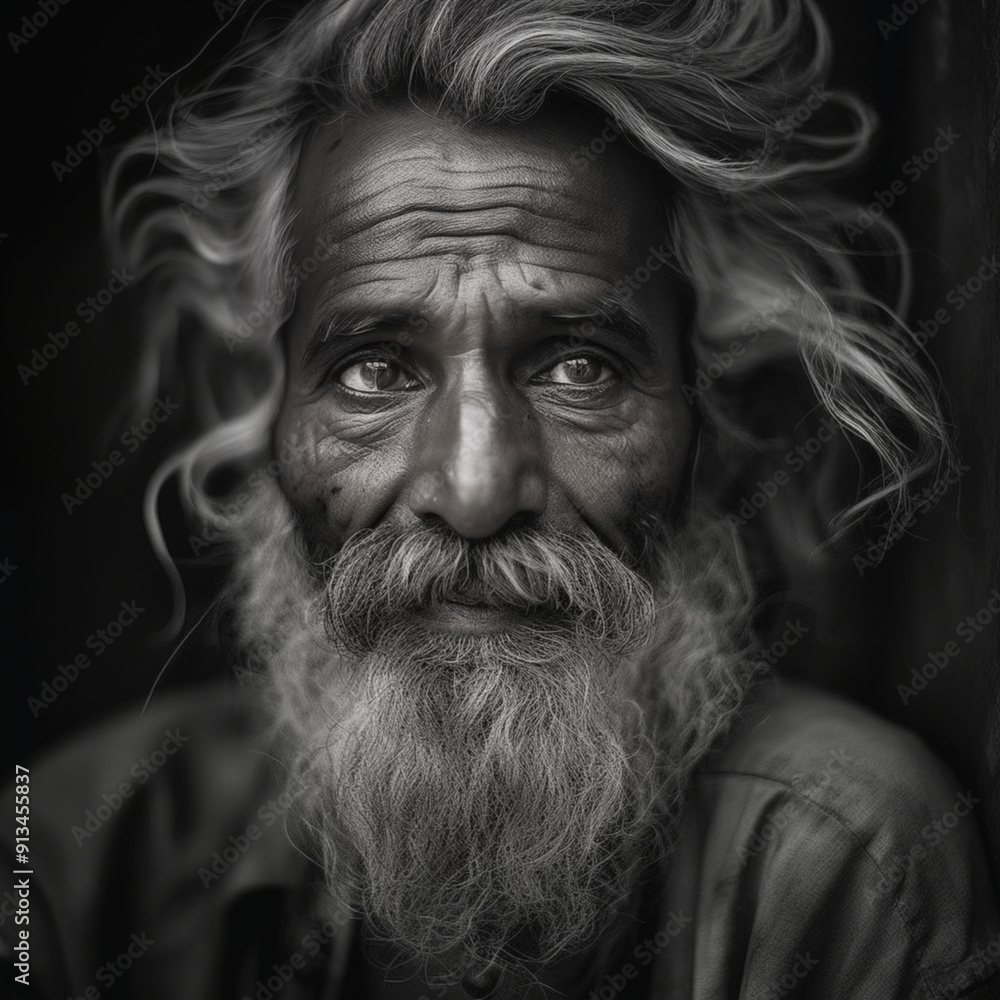 Close-up portrait of an elderly man with a long, unruly white beard and wavy hair, showcasing deep wrinkles and a contemplative expression. Black and white photography. Close-up portrait of an elderly man with a long, unruly white beard and wavy hair, showcasing deep wrinkles and a contemplative expression. Black and white photography.