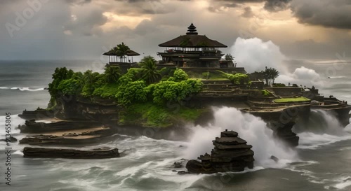 A view of large waves hitting the cliff above which the temple is built photo