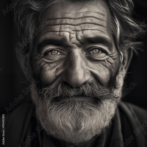 Close-up portrait of an elderly man with a full white beard and deep wrinkles, exuding wisdom and experience. Black and white photography highlights his expressive eyes and rugged features.