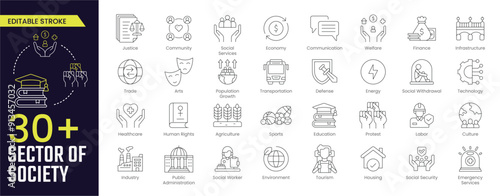 Sector of Society Stroke icon collections. Containing agriculture, education, healthcare, energy, technology, transportation, arts, justice and more. Stroke icon collection Outline icon