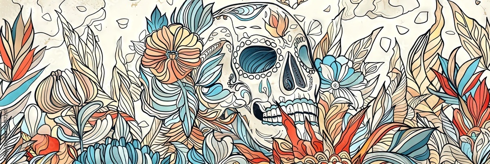 Fototapeta Dia de los Muertos sugar skull calavera - floral skull for day of the dead