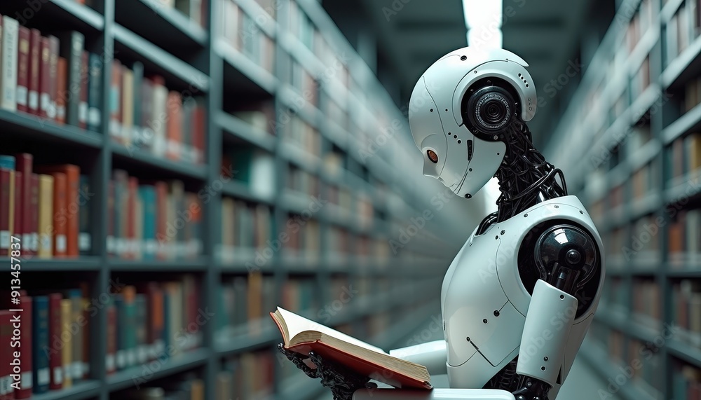 Fototapeta premium Robot Reading a Book in a Library.