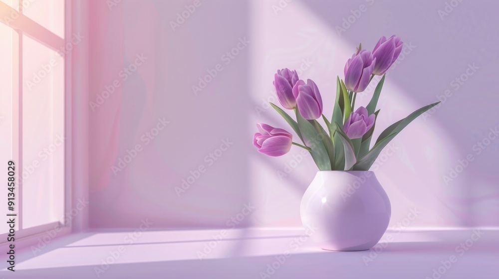 Fototapeta premium Purple Tulips in a White Vase by a Window