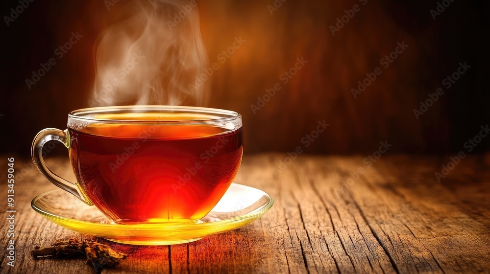 A steaming cup of tea on a rustic wooden table, evoking warmth and comfort in a cozy setting. A steaming cup of tea on a rustic wooden table, evoking warmth and comfort in a cozy setting.