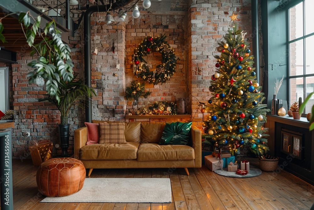 Fototapeta premium a cozy living room with a Christmas tree