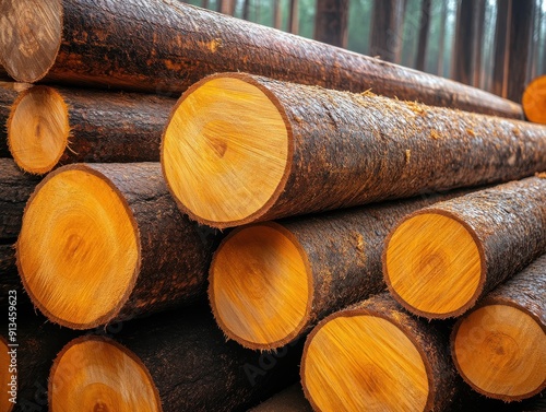 Pile of freshly cut timber logs in a dense forest setting ready for processing in lumber industry showcasing natural wood texture photo