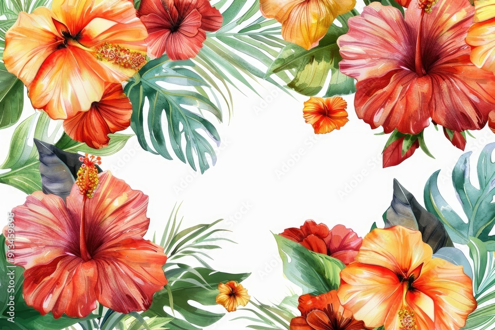 Vibrant tropical floral frame with hibiscus flowers and lush green leaves, perfect for summer designs and nature-themed backgrounds. Vibrant tropical floral frame with hibiscus flowers and lush green leaves, perfect for summer designs and nature-themed backgrounds.