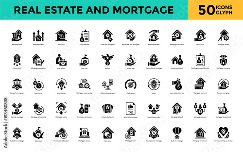 Real estate and mortgage icon set with home buying, property search, house hunting, real estate investment, open house, listing agent, closing process, home inspection icon. Simple glyph vector 
