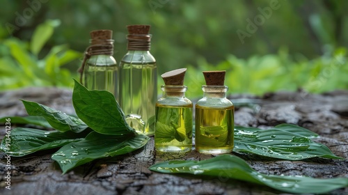 Four glass bottles with cork tops filled with liquid sit on a wooden surface surrounded by green leaves with water droplets.