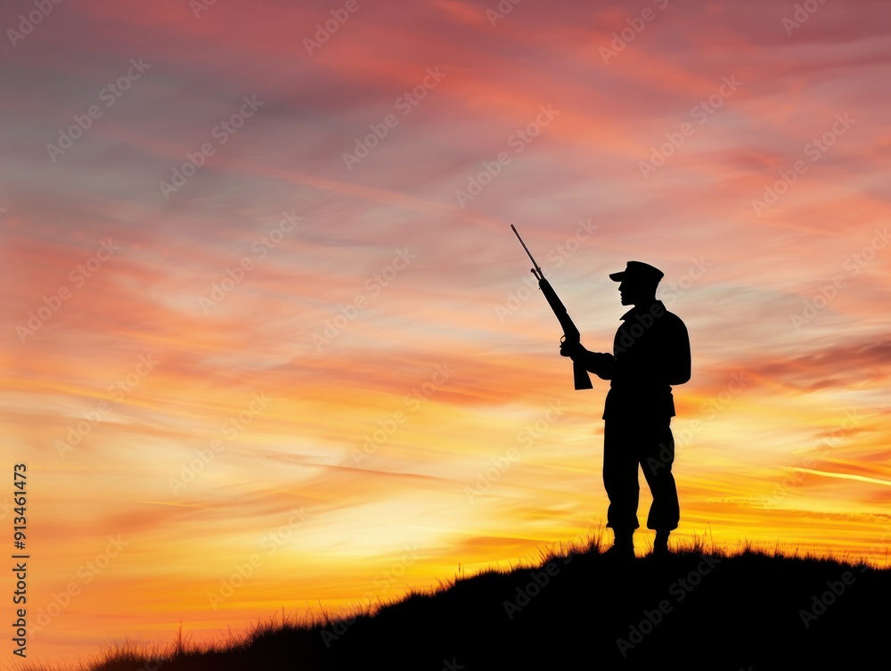 A silhouetted soldier standing against a vibrant sunset, symbolizing bravery and dedication to duty. A silhouetted soldier standing against a vibrant sunset, symbolizing bravery and dedication to duty.