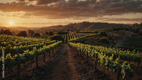 A Vineyard on a hill at sunset vineyard outdoors nature