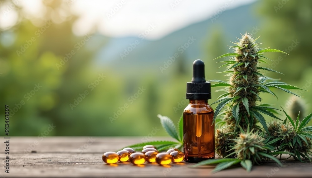 CBD Oil and Cannabis Buds on Wooden Table CBD Oil and Cannabis Buds on Wooden Table