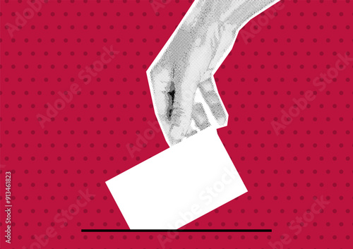 A womans hand puts down a blank white sheet of paper, ballot. Halftone collage banner in retro pop art style. Poster for voting in elections. Trendy vintage vector illustration