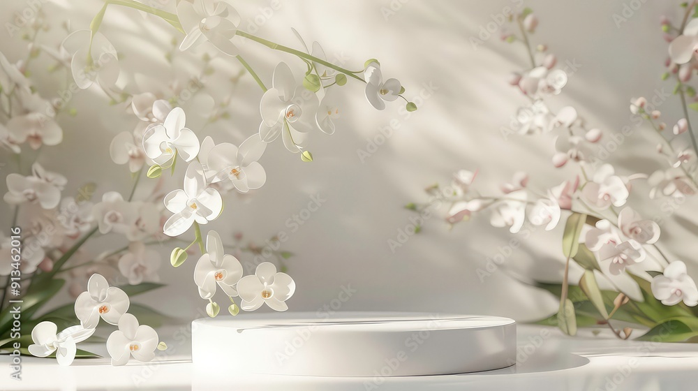 A minimalist, white, round platform with a stem of white orchids hanging over the edge. A minimalist, white, round platform with a stem of white orchids hanging over the edge.