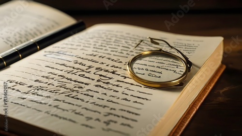 A magnifying glass rests on an open book filled with handwritten notes, highlighting the text for closer examination. GENERATIVE AI