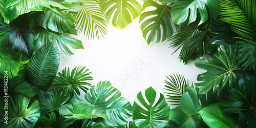 Tropical leaves frame the background with copy space, A white background with green palm tree leaves frame border