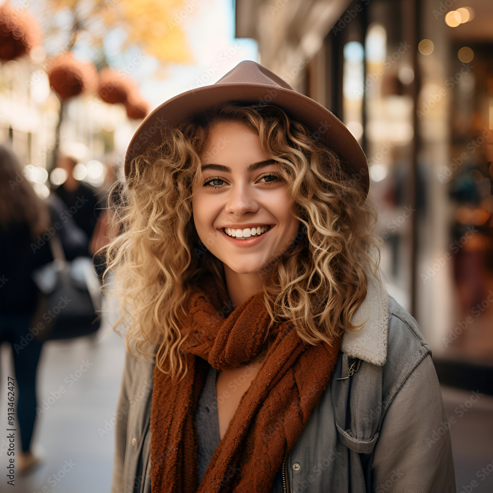 Woman with Blonde Hair Smiling Wearing a Jacket Tan Scarf and Hat Woman with Blonde Hair Smiling Wearing a Jacket Tan Scarf and Hat