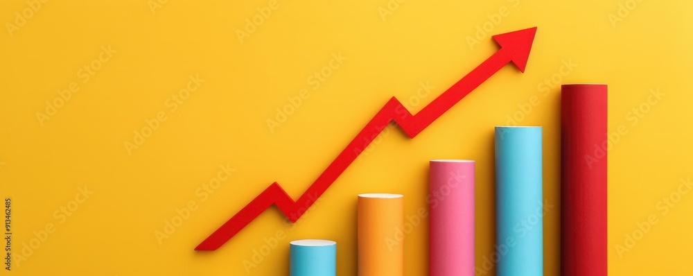 Colorful bar graph showing upward trend on a vibrant yellow background, symbolizing growth and progression in business. Colorful bar graph showing upward trend on a vibrant yellow background, symbolizing growth and progression in business.