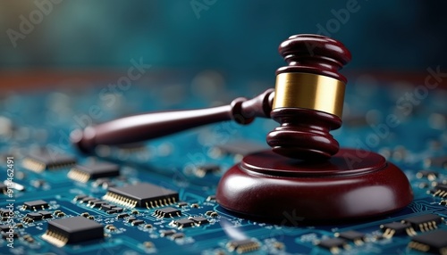 Gavel on Circuit Board.