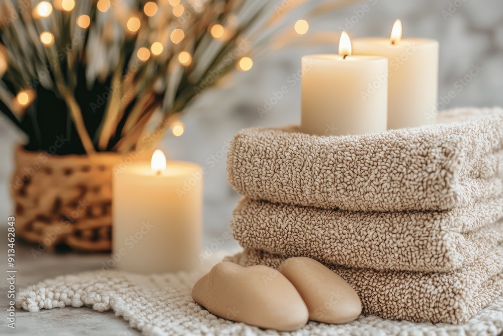 A serene spa arrangement featuring candles, soft towels, smooth stones, and decorative elements for relaxation. A serene spa arrangement featuring candles, soft towels, smooth stones, and decorative elements for relaxation.