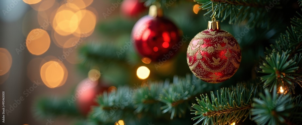 Red Christmas Ornament on a Christmas Tree. Red Christmas Ornament on a Christmas Tree.