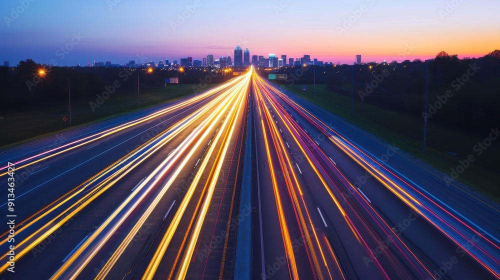 Vibrant city skyline at dusk with light trails from speeding vehicles on a highway, capturing the essence of urban life. Vibrant city skyline at dusk with light trails from speeding vehicles on a highway, capturing the essence of urban life.