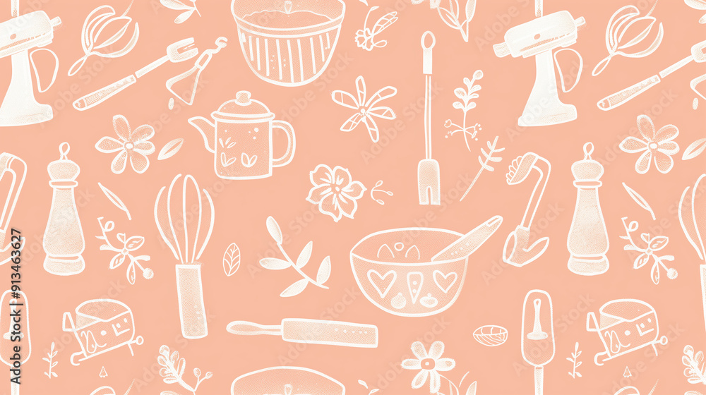 Hand-drawn kitchen utensils seamless pattern on pastel background Hand-drawn kitchen utensils seamless pattern on pastel background