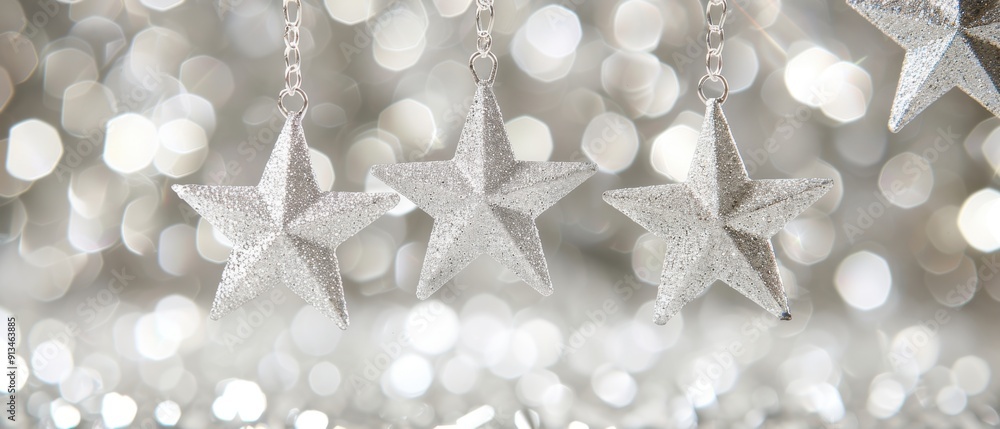 Close-up of hanging silver star decorations with a bokeh backdrop, perfect for festive and holiday-themed designs. Close-up of hanging silver star decorations with a bokeh backdrop, perfect for festive and holiday-themed designs.